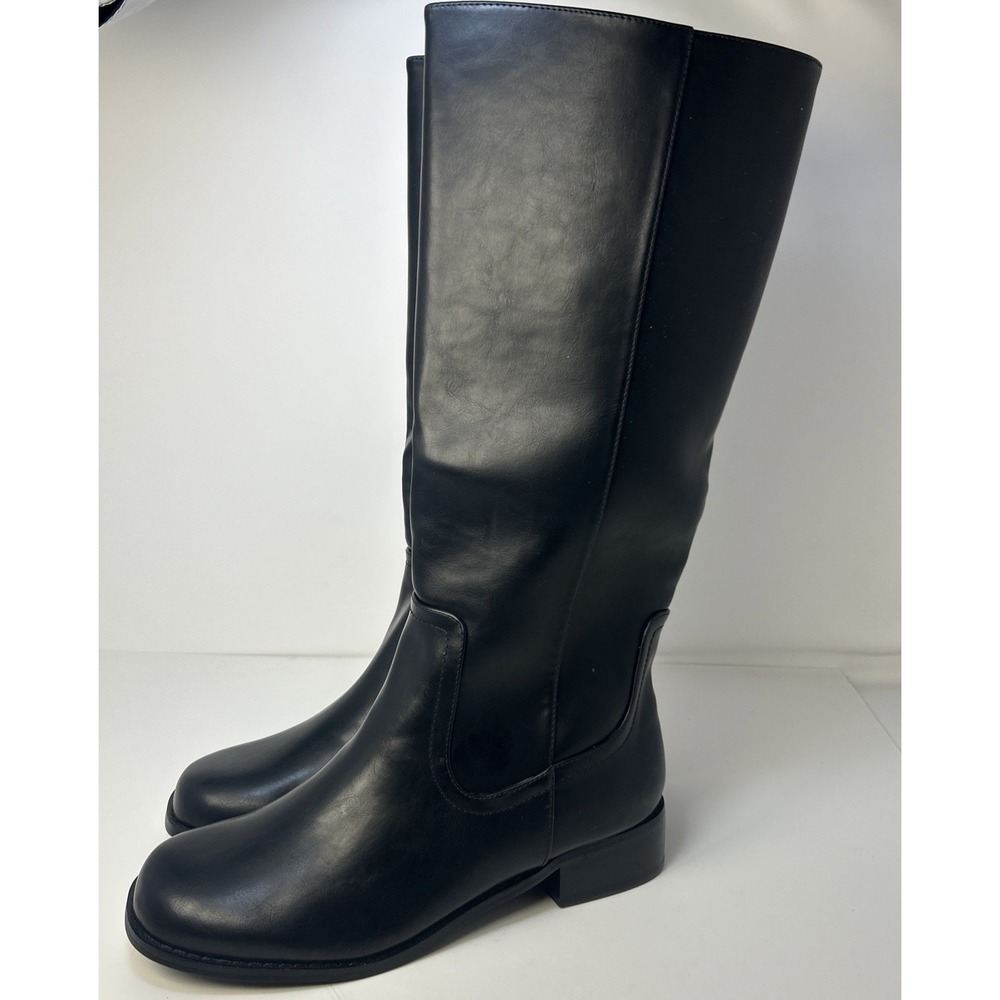 Shoe'N Tale Womens Knee High Boots Black Faux Leather Size 8 Low Heel Riding NEW